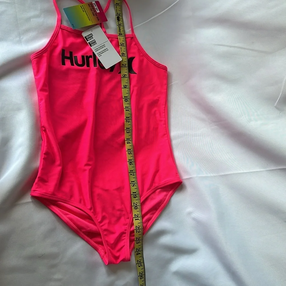 NWT Hurley Big Girl's L 12/14 Bright Neon Pink Swimsuit 1 Pc Halter Tank Beach